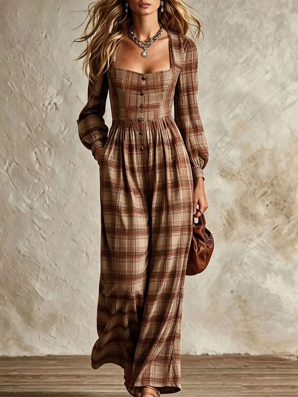 Plaid Square Neck Long Sleeve Wide Leg Jumpsuit, image 2