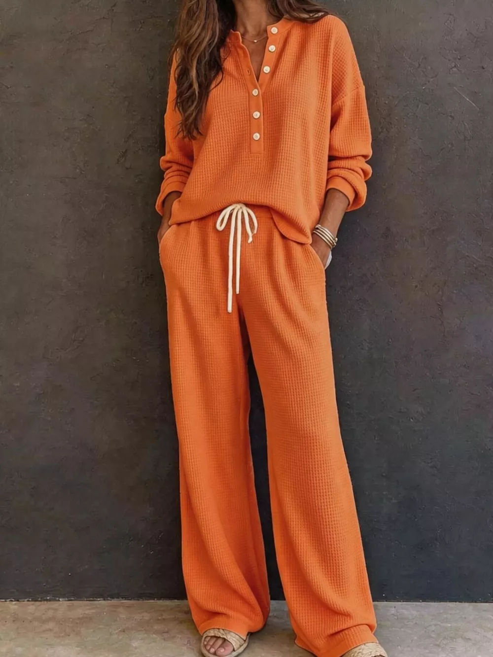 Waffle Knit Button Detail Top and Pants Set, image 13