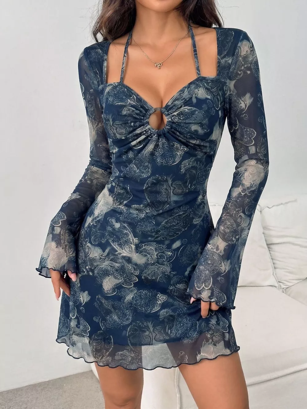 Mesh Long Sleeve Cutout Mini Dress