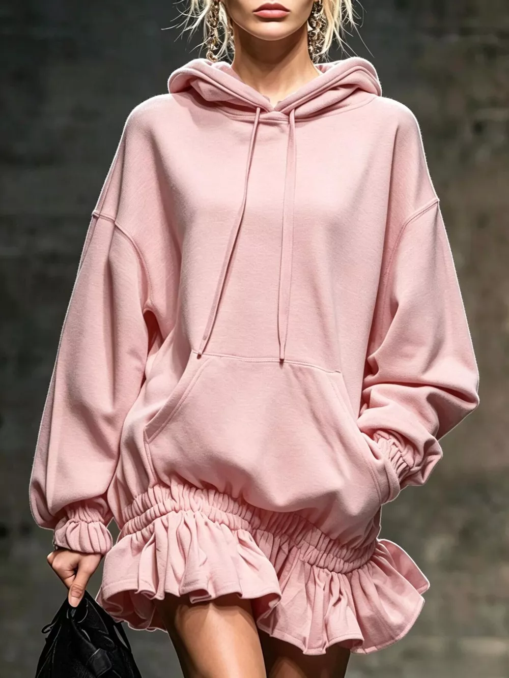 Hoodie Sweatshirt Mini Dress with Ruffled Hem, image 4