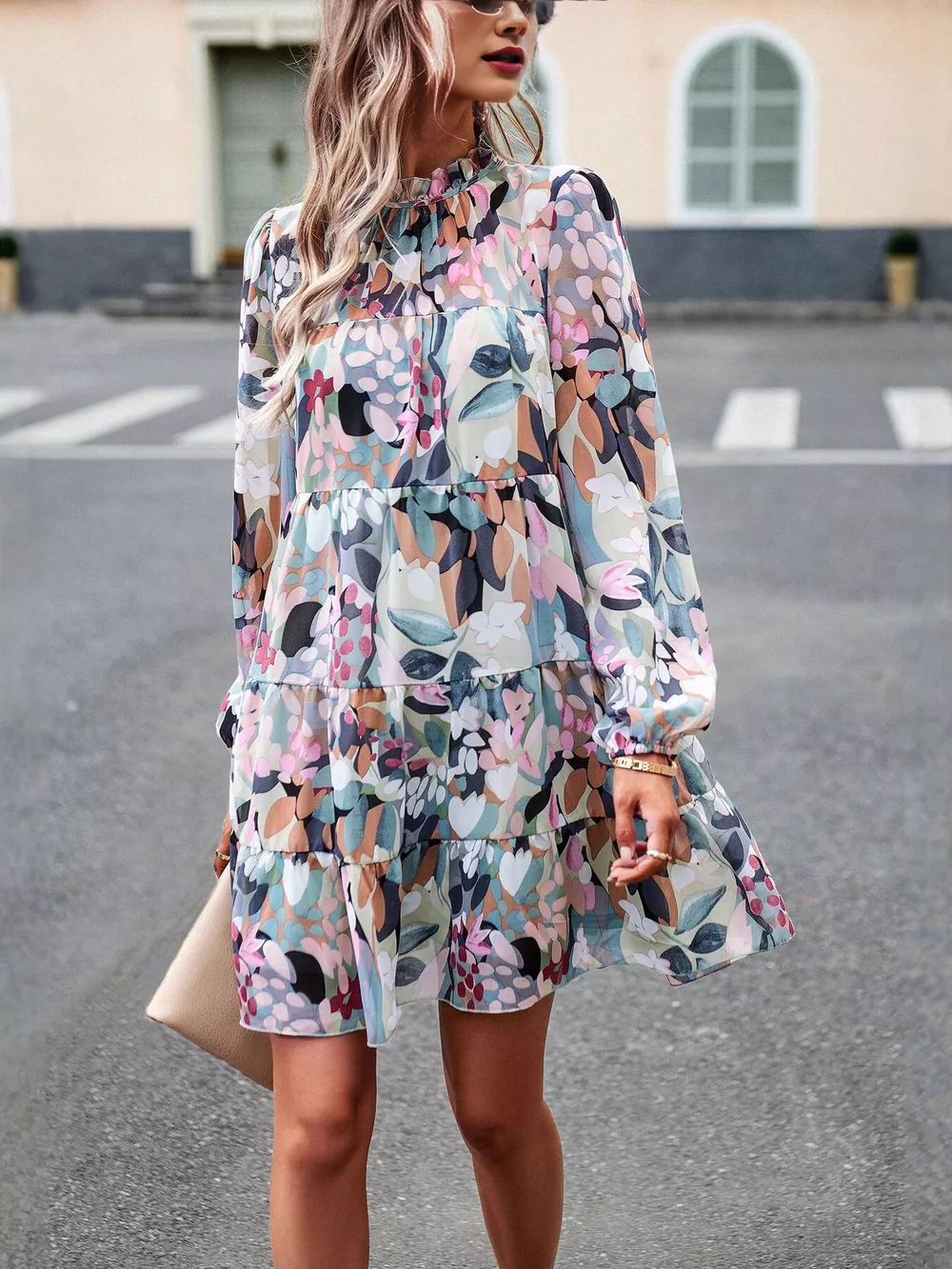Printed Long Sleeve Mini Dress, image 2