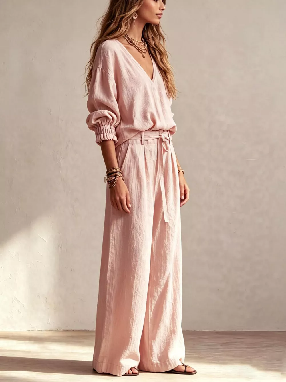 V-Neck Top and Wide-Leg Pants Set, image 3