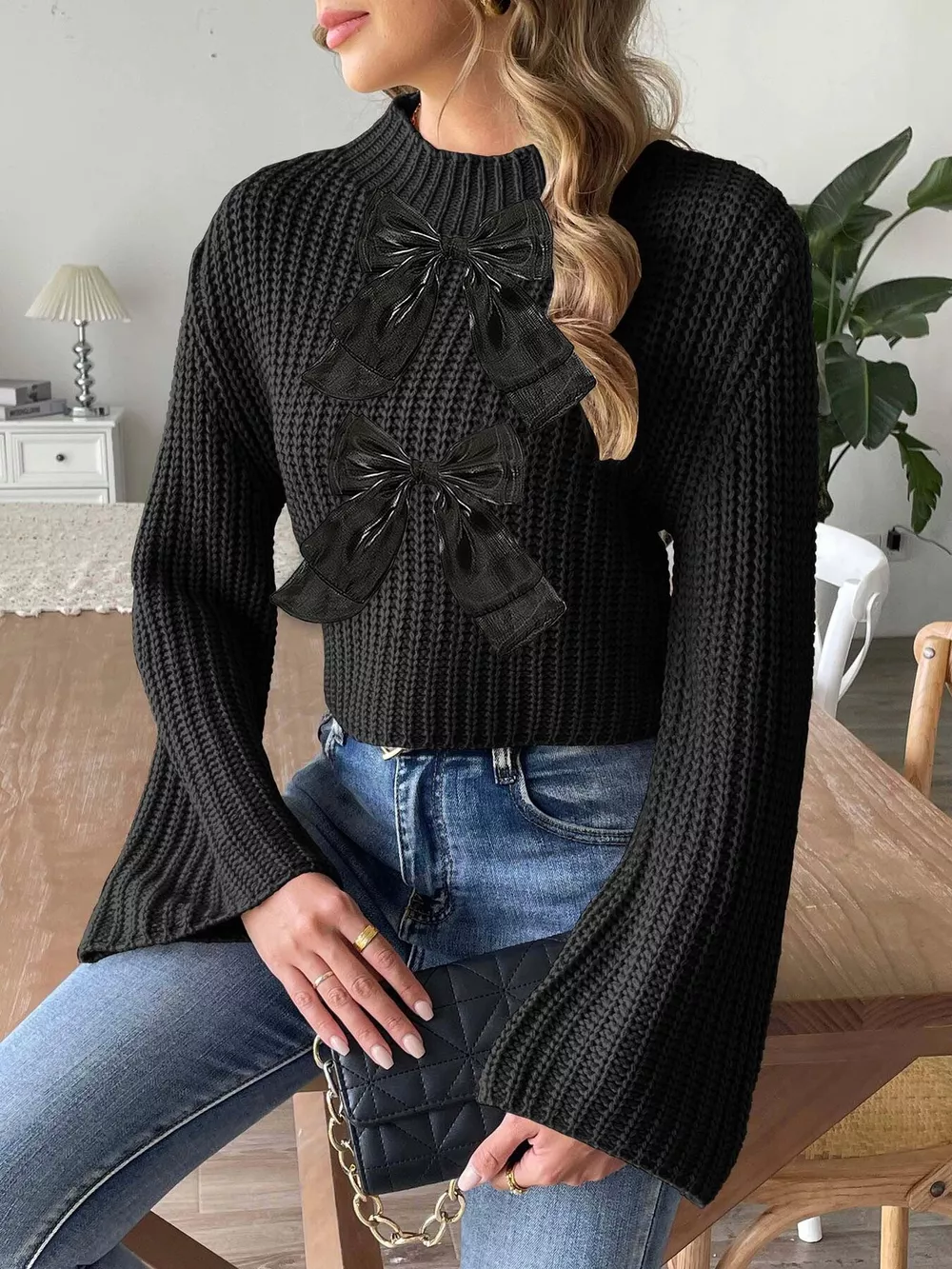 Bow-Decorated Mock Neck Cropped Sweater, image 6