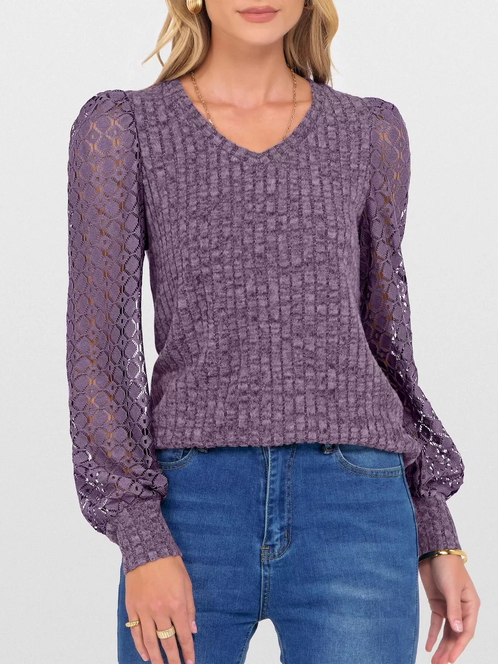 Lace Sleeve V-Neck T-Shirt, image 2