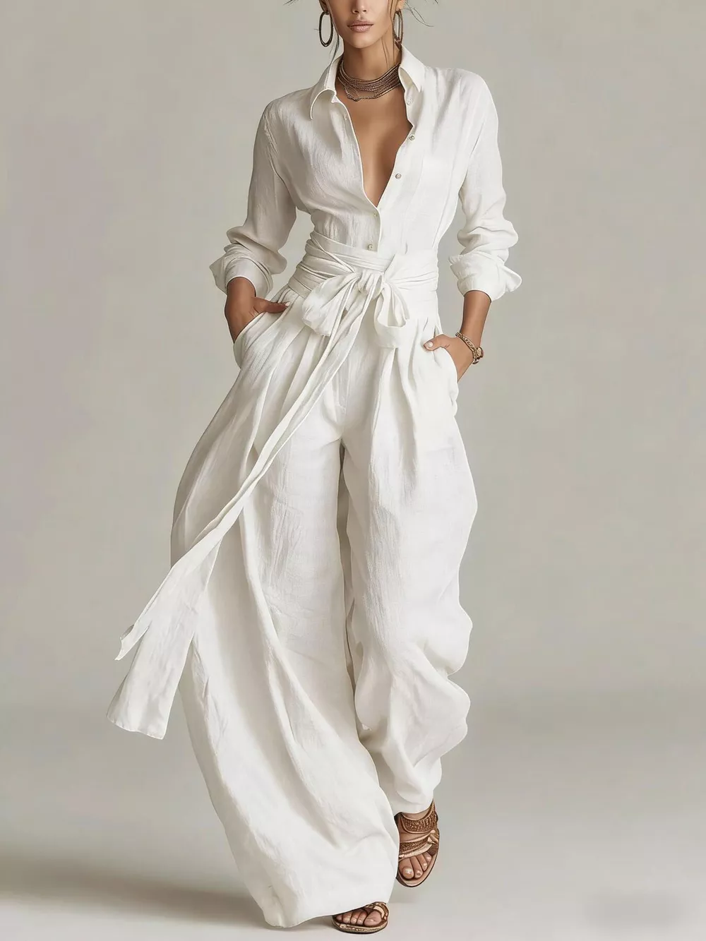 Long-Sleeve Button-Down Waist-Tie Jumpsuit, image 10