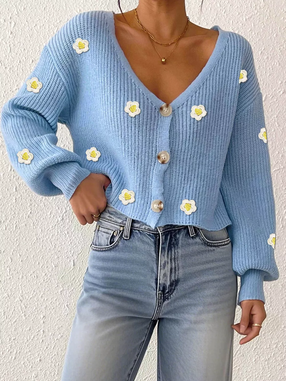 Floral V-Neck Button-Down Cropped Cardigan, image 11