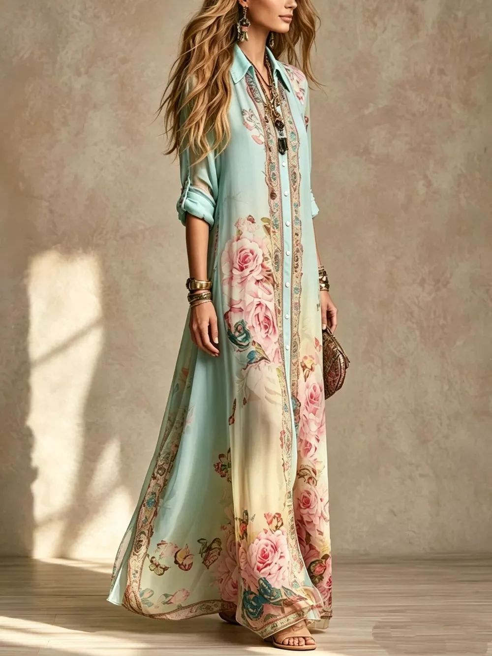 Full Size Floral Print Button-Down Maxi Shirt Dress Plus Size, image 2