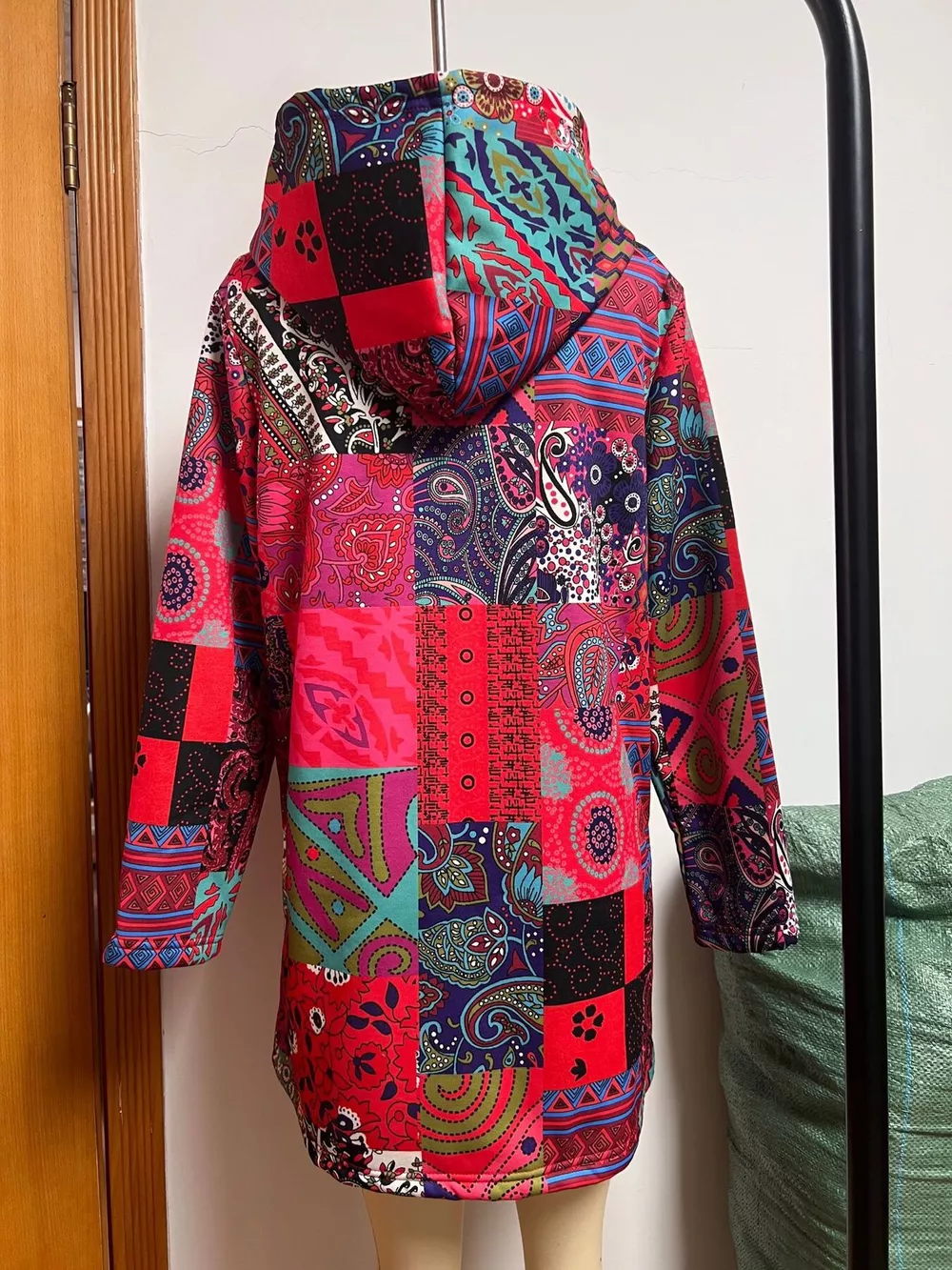 Bohemian Patchwork Fleece Lined Hooded Outerwear, image 4