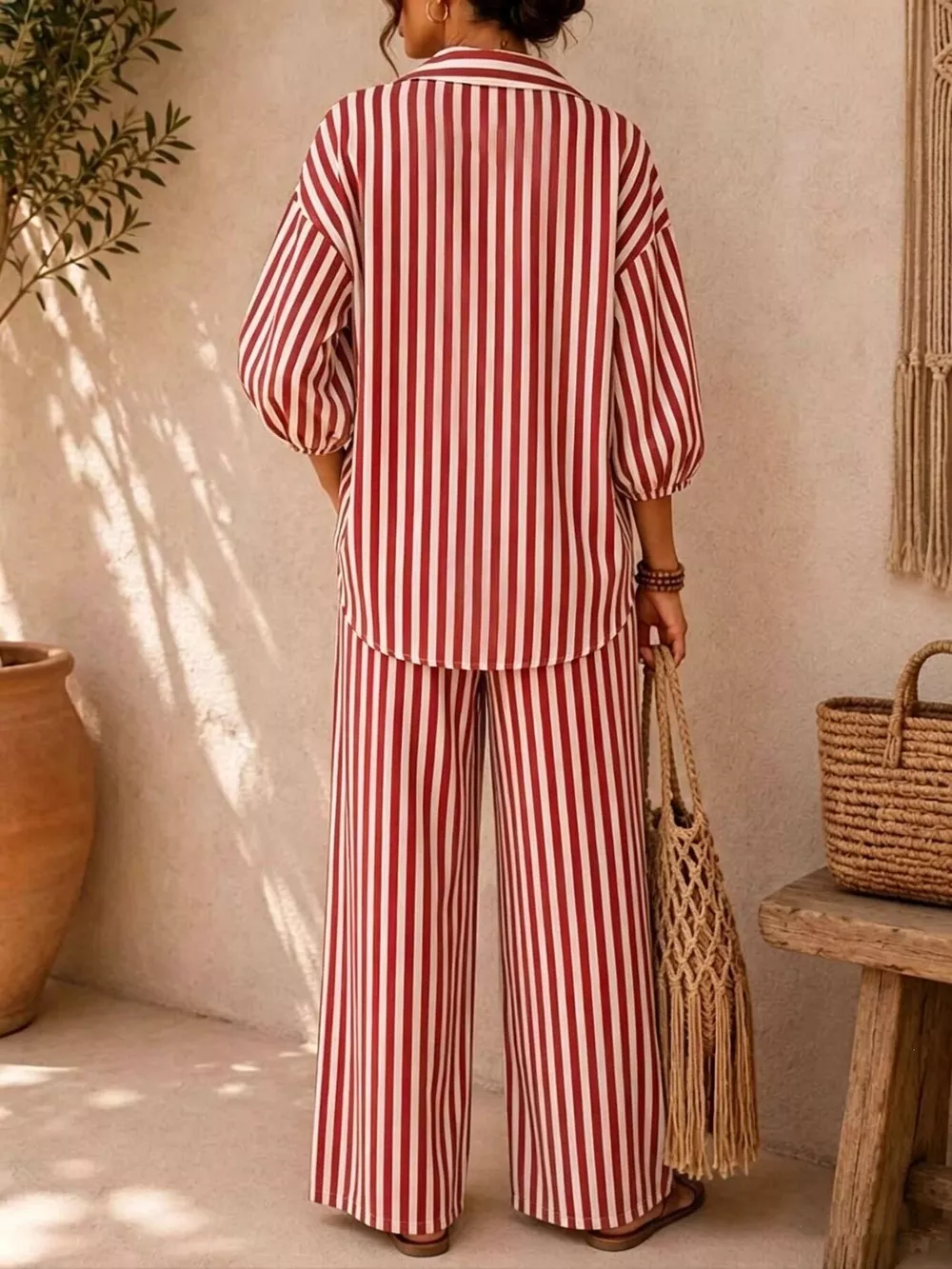 Full Size Striped Relaxed Fit Shirt and Wide-Leg Pants Set Plus Size, image 3
