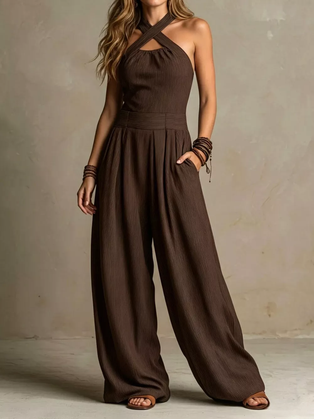 Halter Neck Wide-Leg Jumpsuit with Pockets