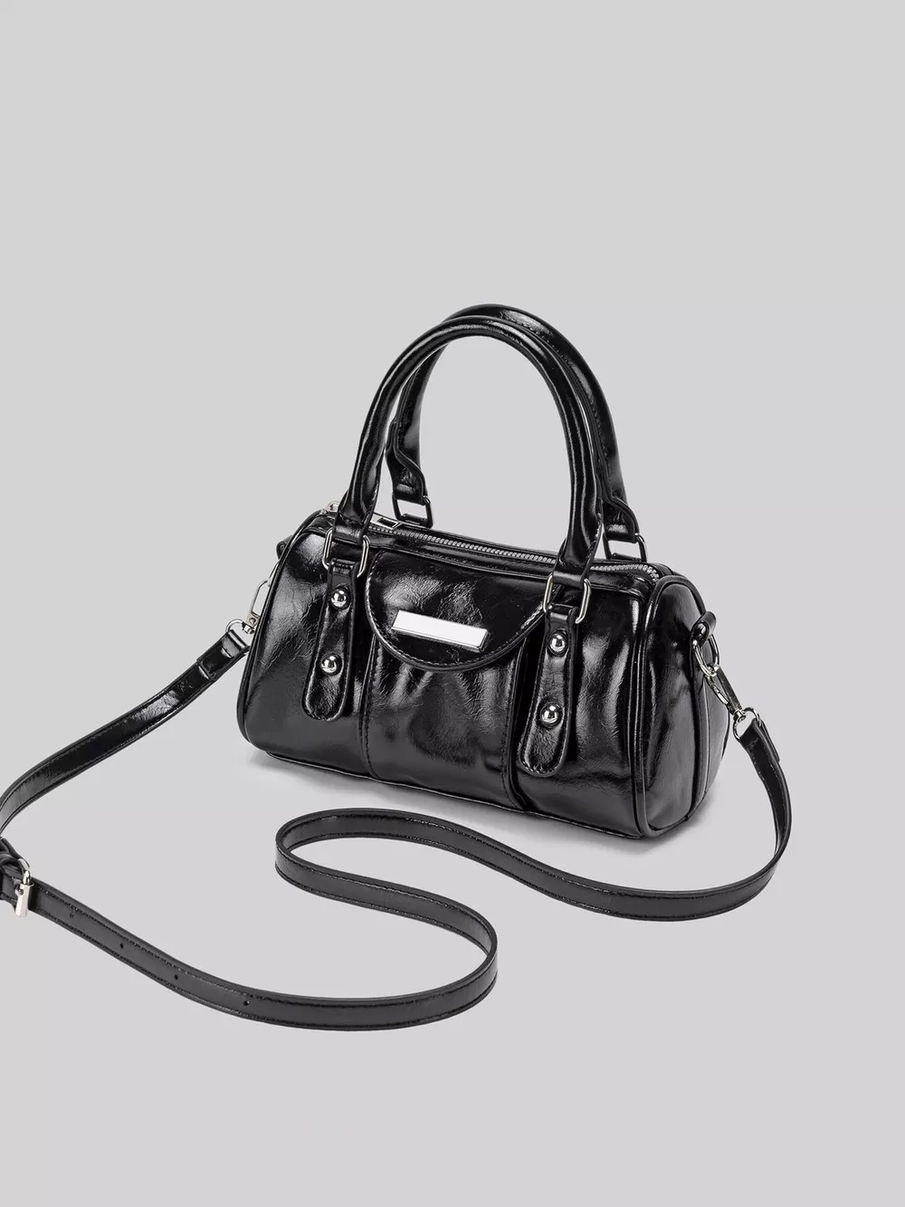 Elegant Patent Leather Mini Boston Crossbody Bag with Top Handle, image 5