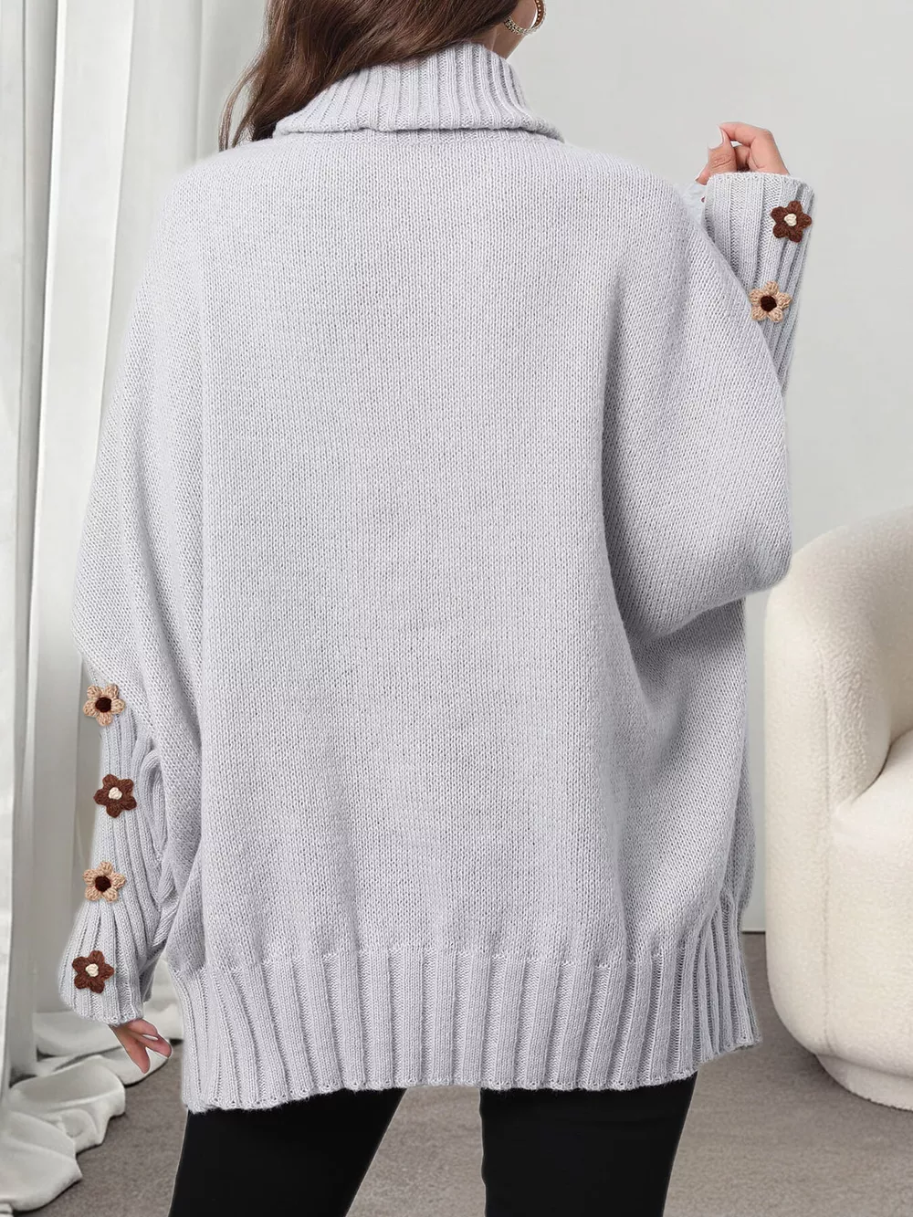 Oversized Turtleneck Sweater with Floral Applique Sleeves, image 13
