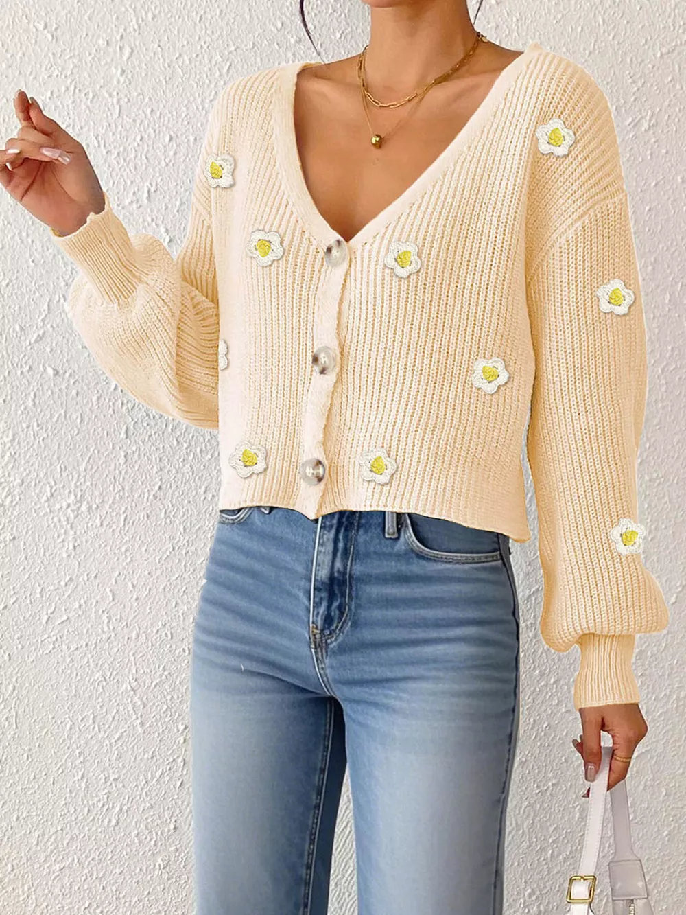 Floral V-Neck Button-Down Cropped Cardigan, image 6