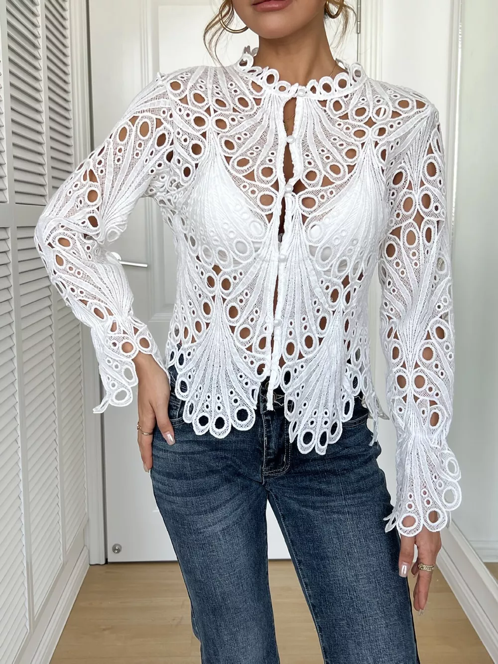 Lace Button Up Long Sleeve Shirt, image 2