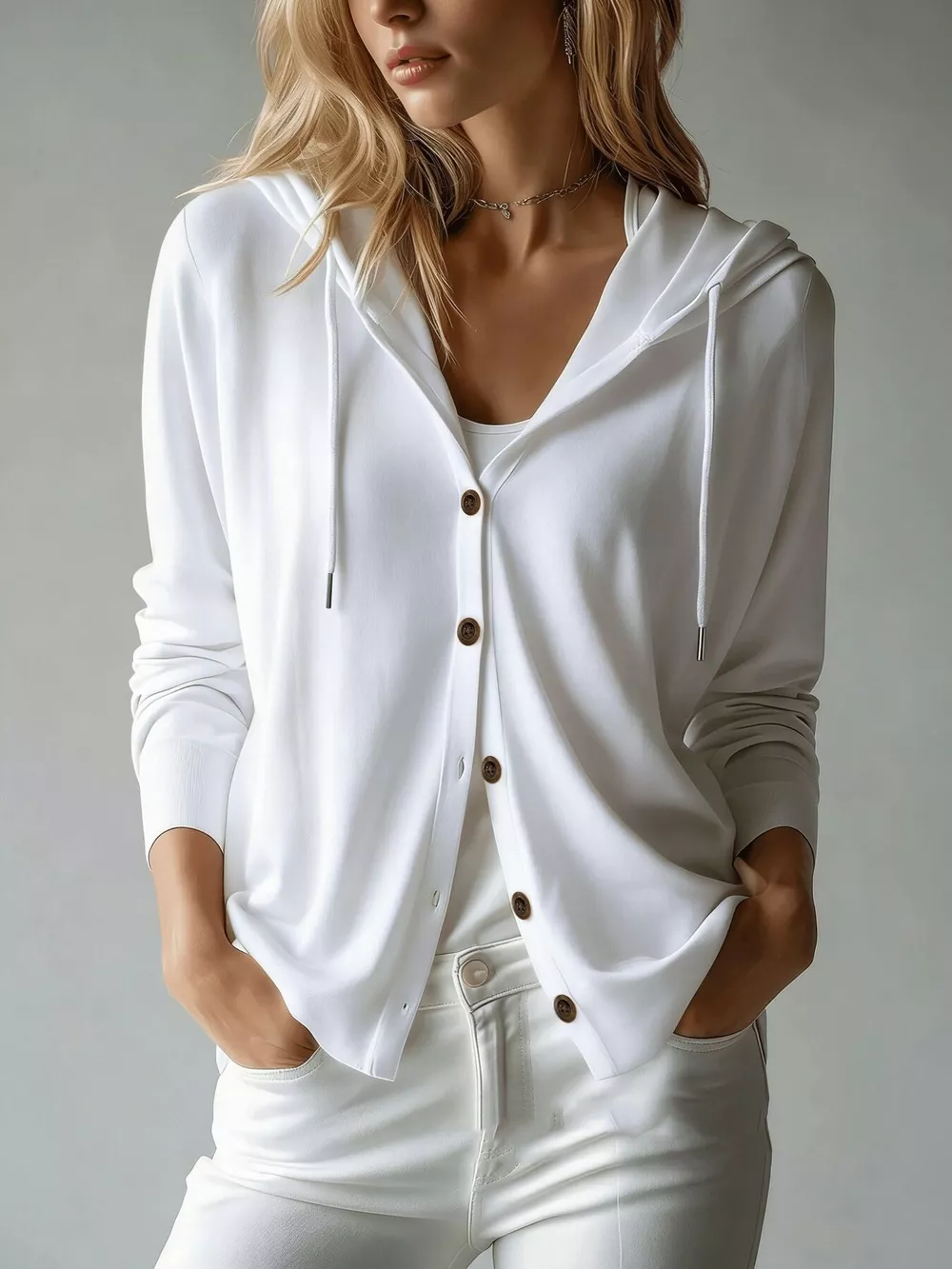 Drawstring Button Down Hooded Cardigan, image 3
