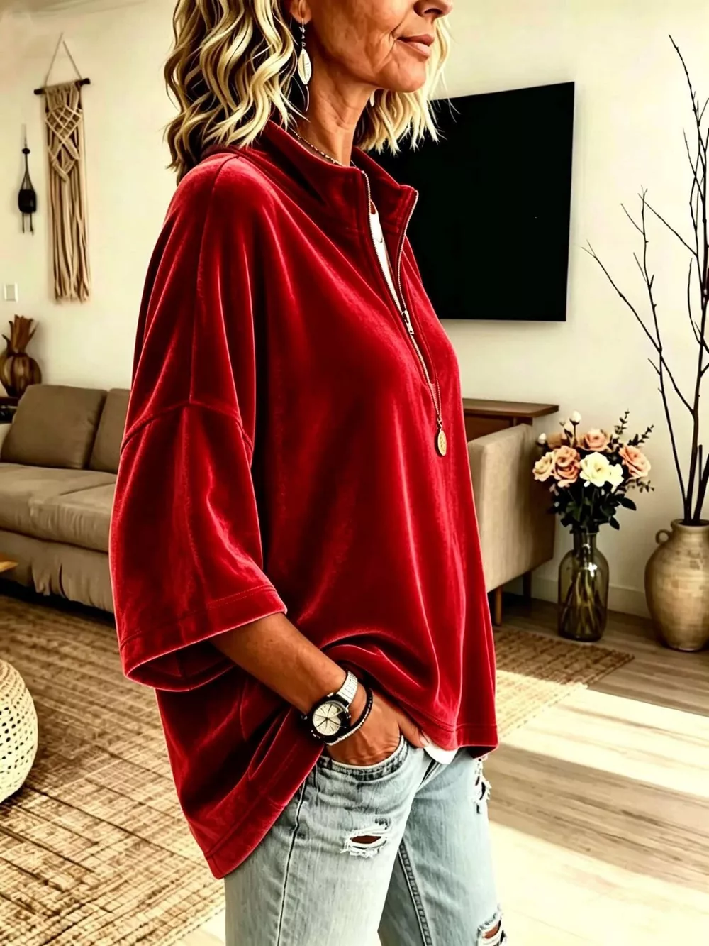 Full Size Velvet Quarter-Zip Sweatshirt Plus Size, image 17