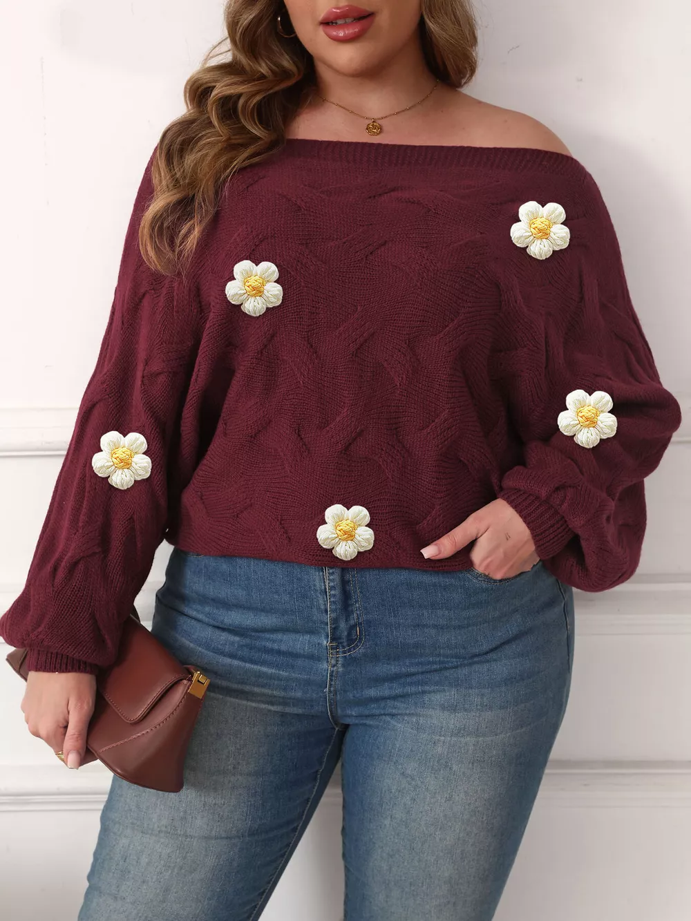 Plus Size One-Shoulder Floral Applique Sweater, image 5