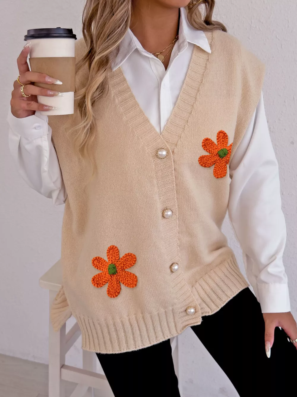 Flower V-Neck Sleeveless Cardigan, image 3