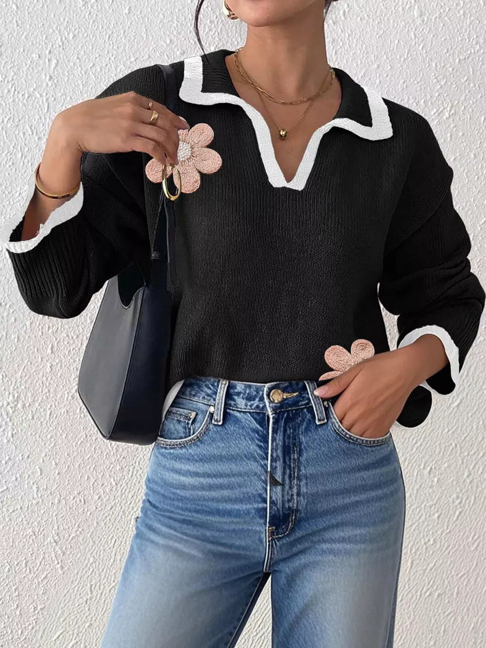 Flower Contrast Trim Dropped Shoulder Sweater, image 3