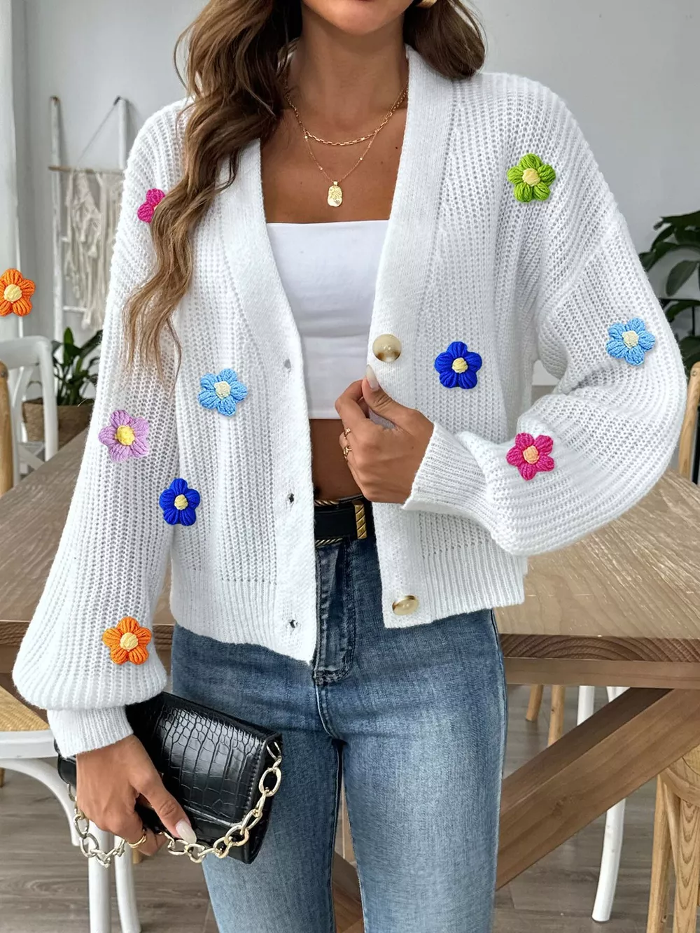 3D Floral Appliques Button Up Cardigan, image 5