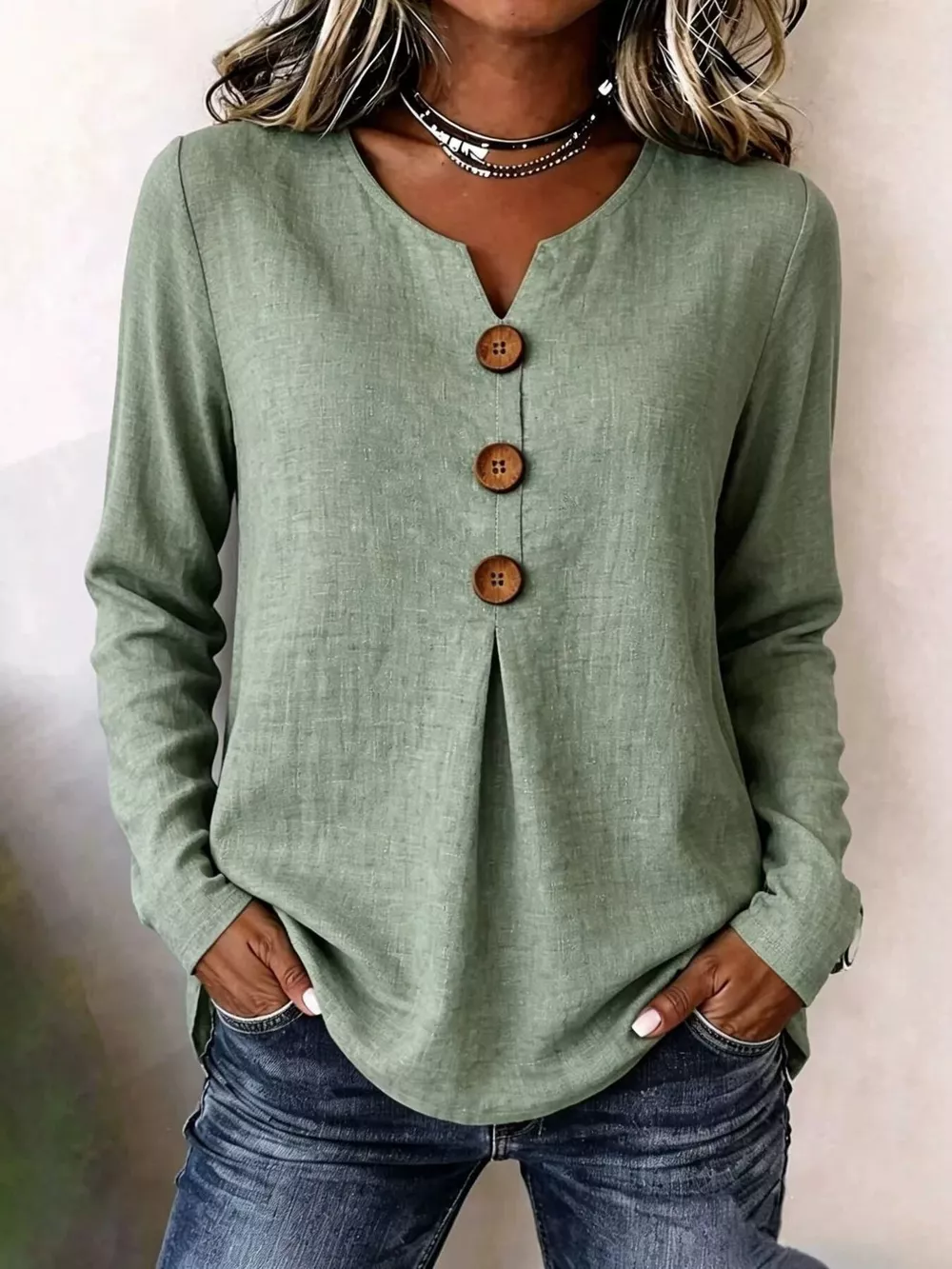 Full Size Decorative Button Long Sleeve Blouse Plus Size, image 8