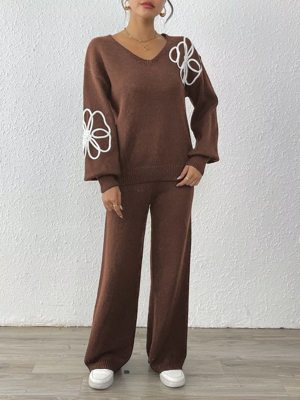 V-Neck Dropped Shoulder Top and Pants Sweater Set, image 12