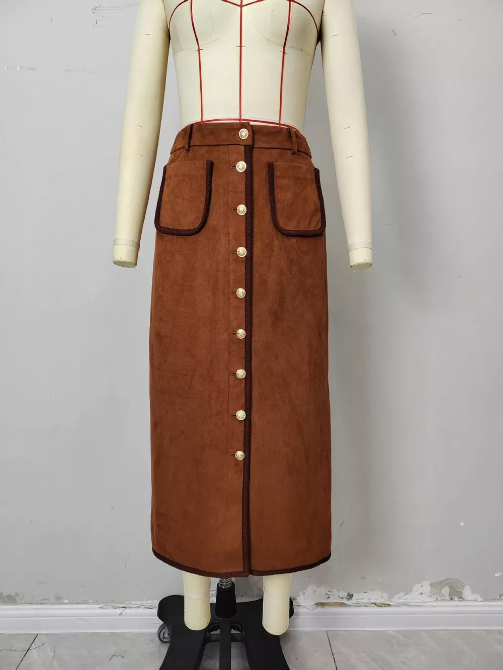 High-Waisted Button-Front Midi Skirt, image 4