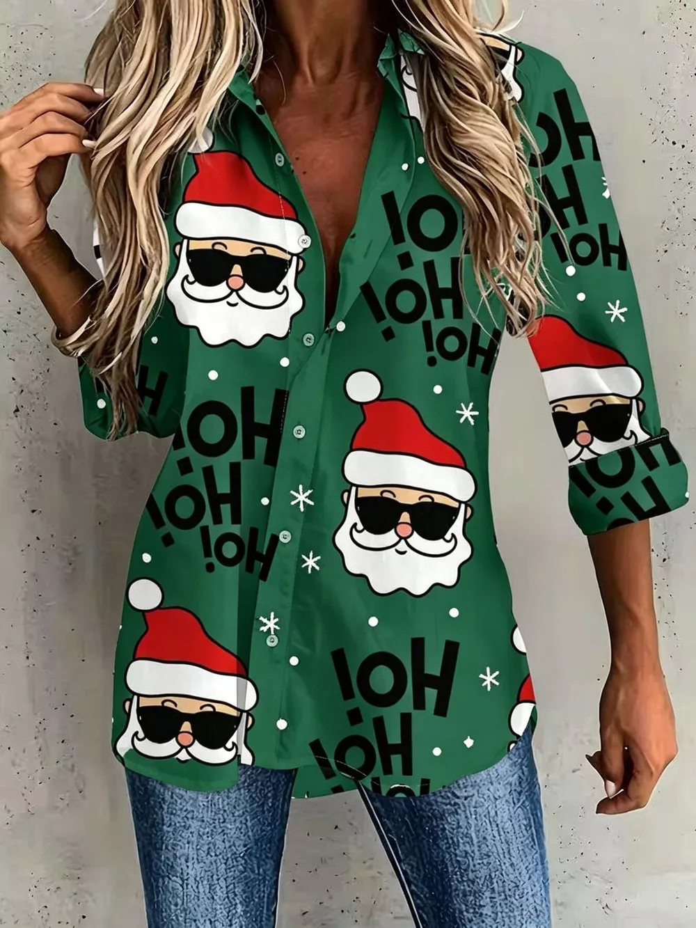 Full Size Christmas Santa Claus Print Button-Down Shirt Plus Size, image 5