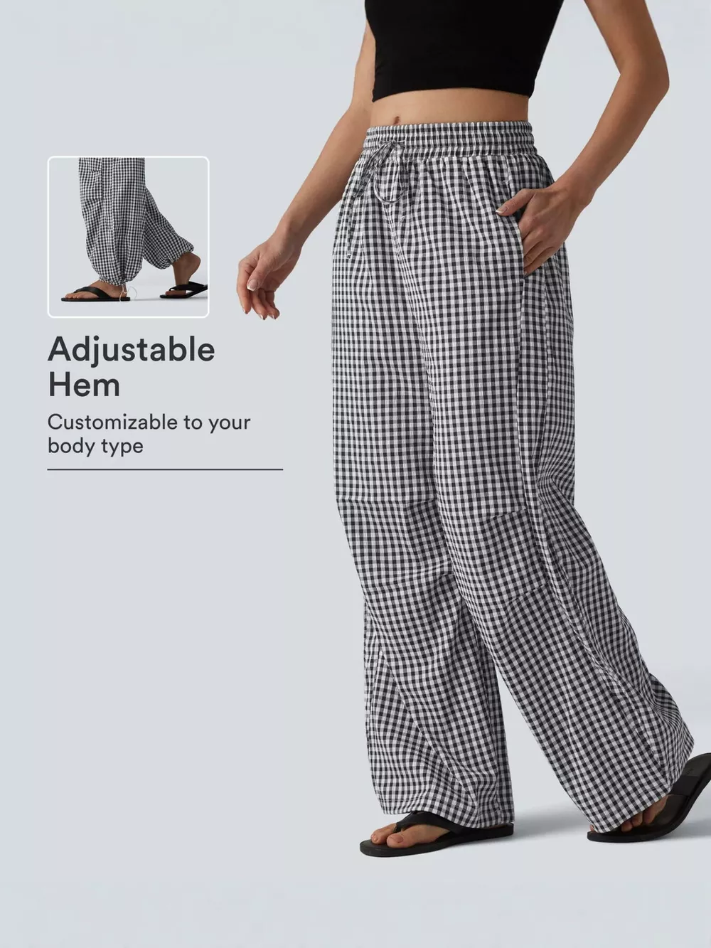 High-Waisted Gingham Wide-Leg Drawstring Pants, image 7