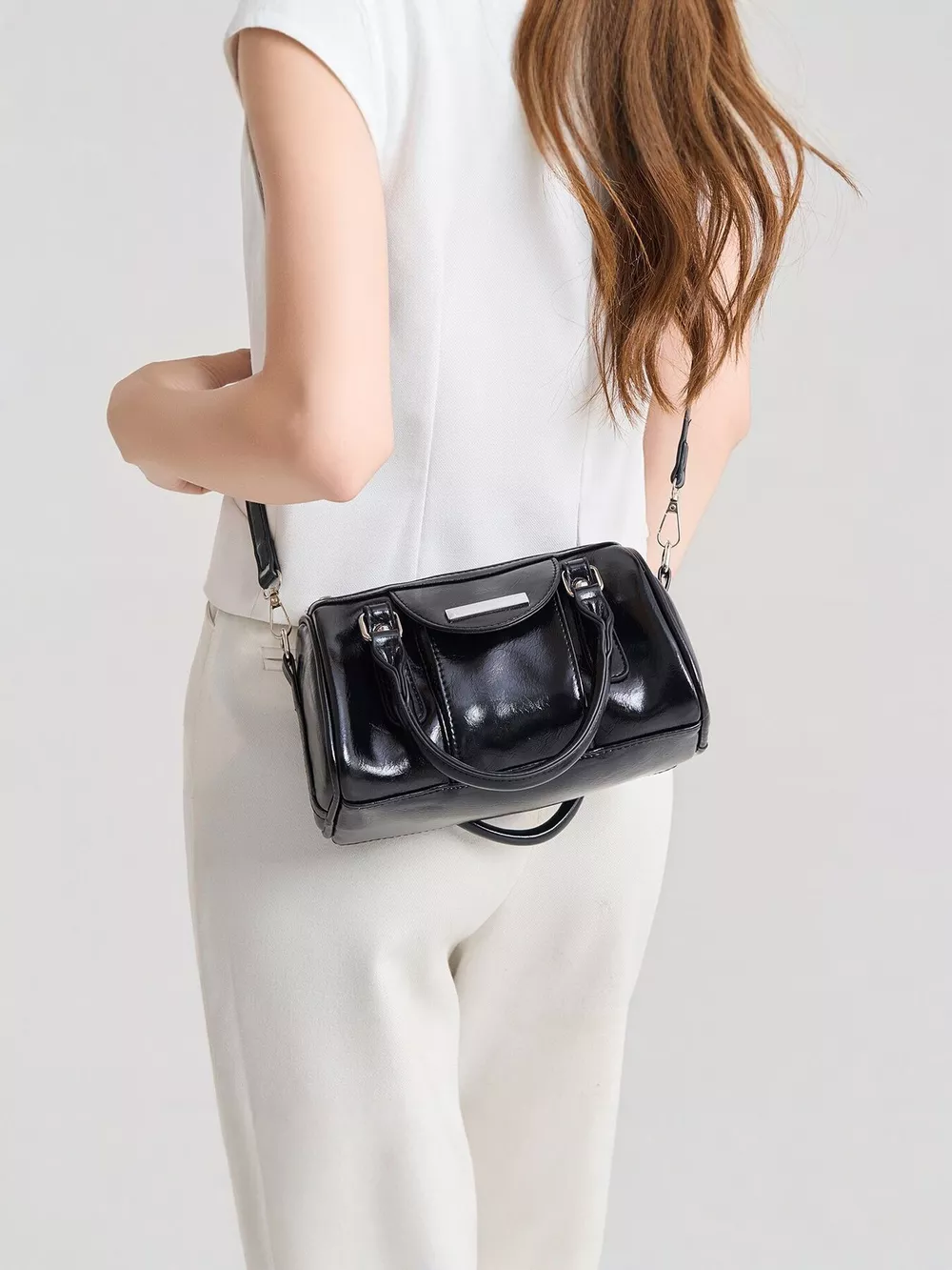 Elegant Patent Leather Mini Boston Crossbody Bag with Top Handle