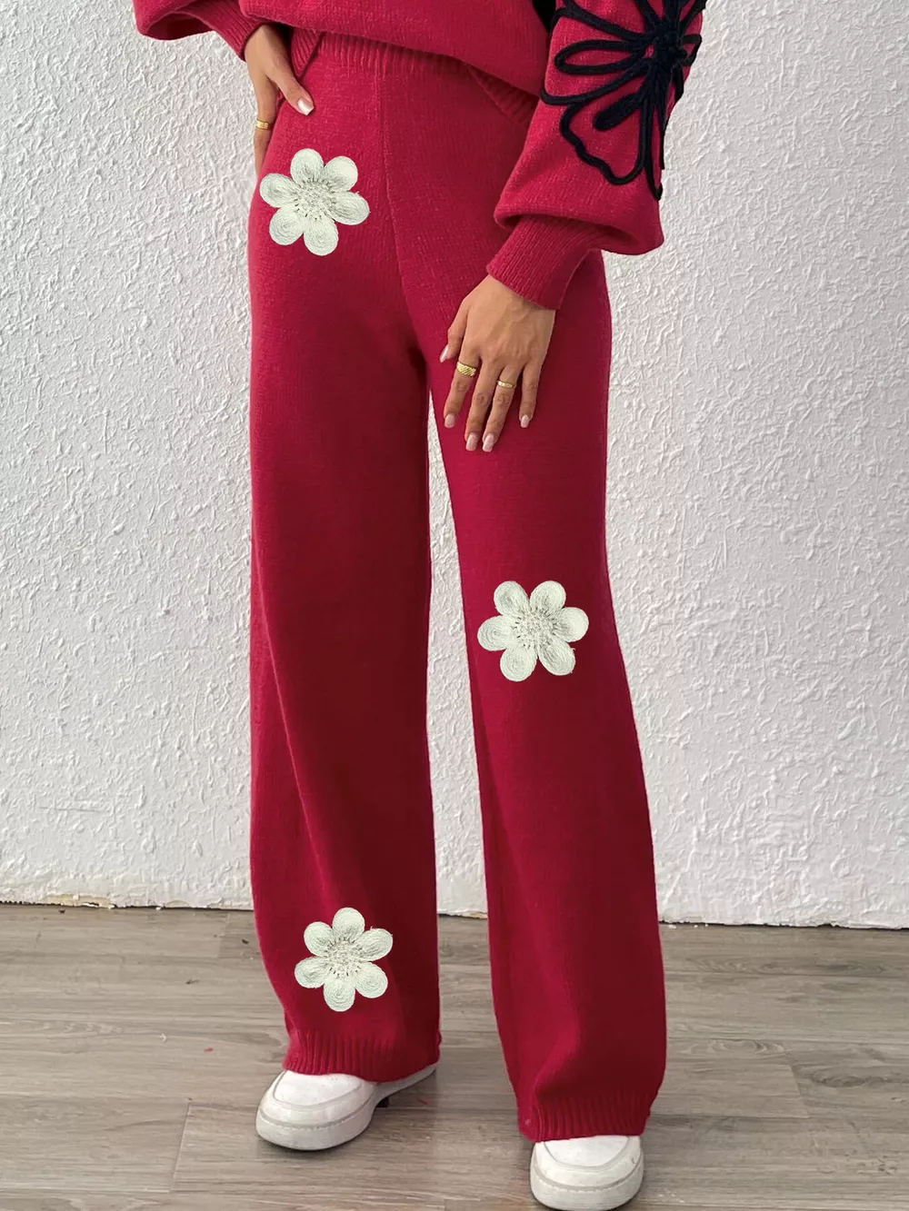 High-Waisted Wide-Leg Sweater Pants with Floral Beaded Decor, image 11