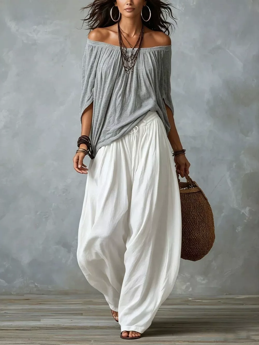 Full Size Off-Shoulder Top and Wide-Leg Harem Pants Set Plus Size