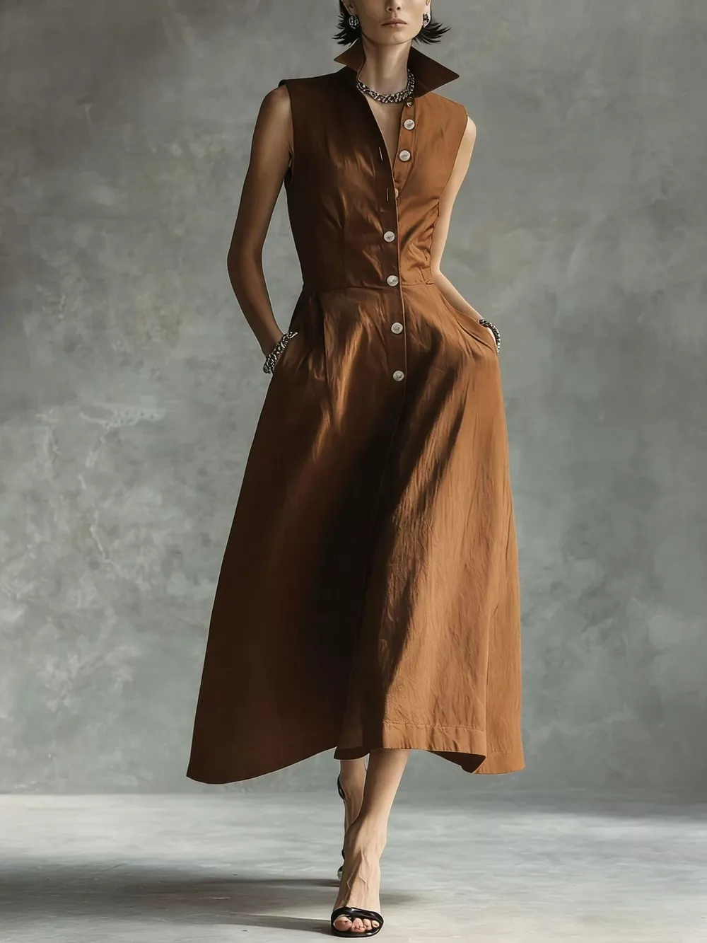 Sleeveless Button-Down Midi Shirt Dress, image 10