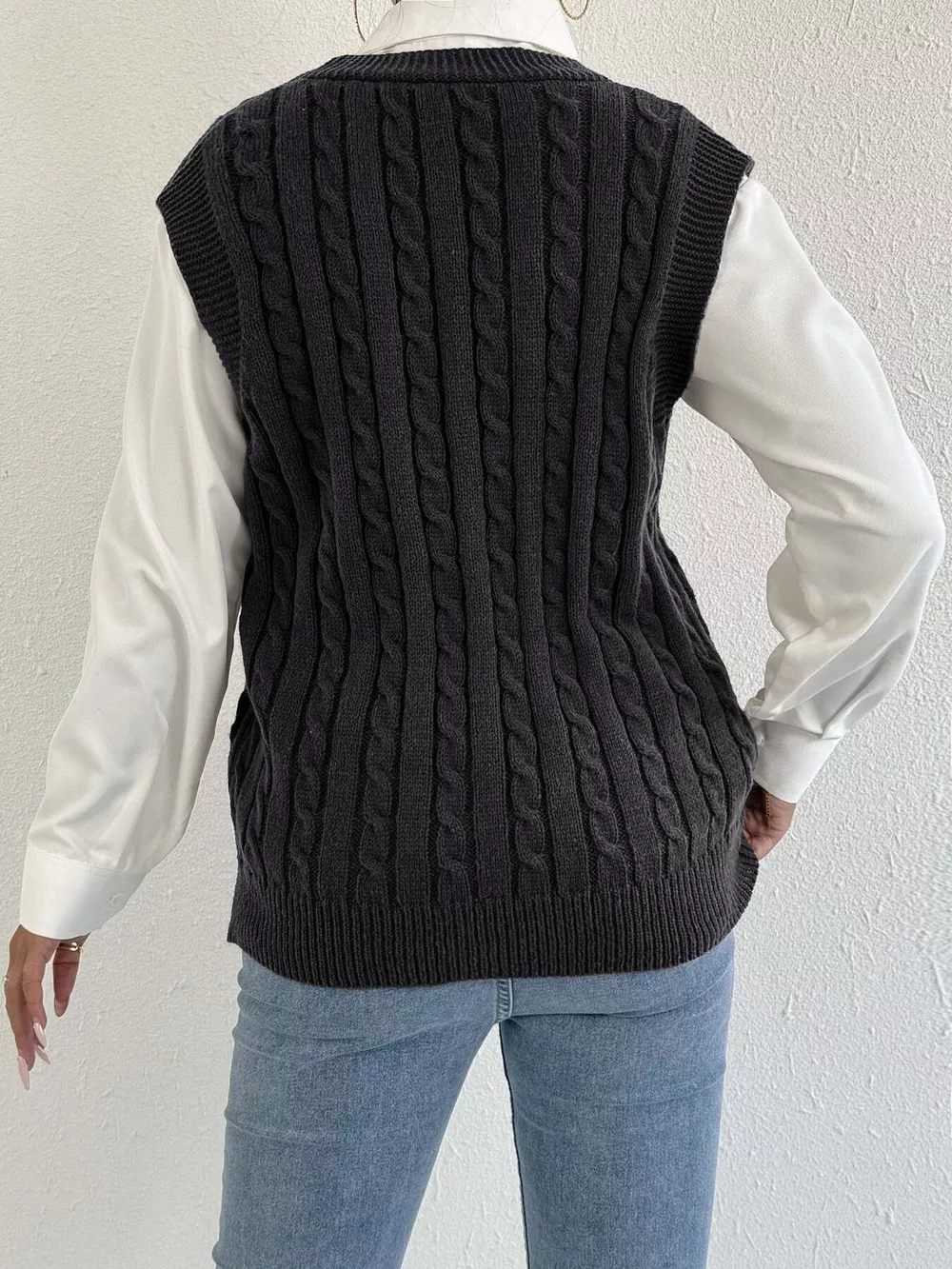 V-Neck Cable Knit Button-Down Sweater Vest with Heart Embroidery, image 5