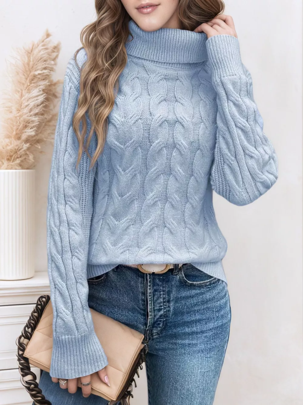 Cable Knit Turtleneck Long Sleeve Sweater, image 3