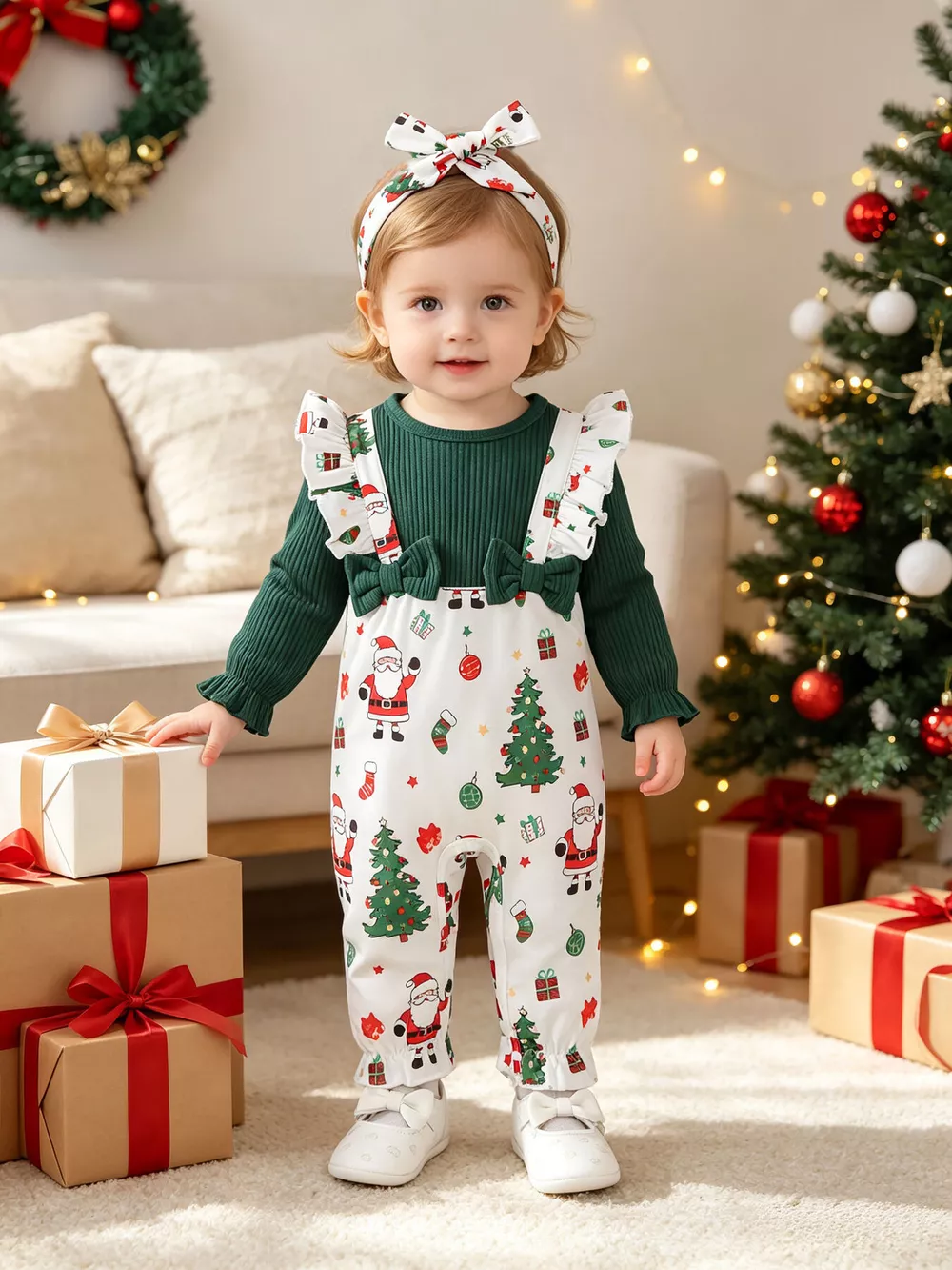 Children's Christmas Santa Print Ruffle Trim Jumpsuit Set with Headband, image 2