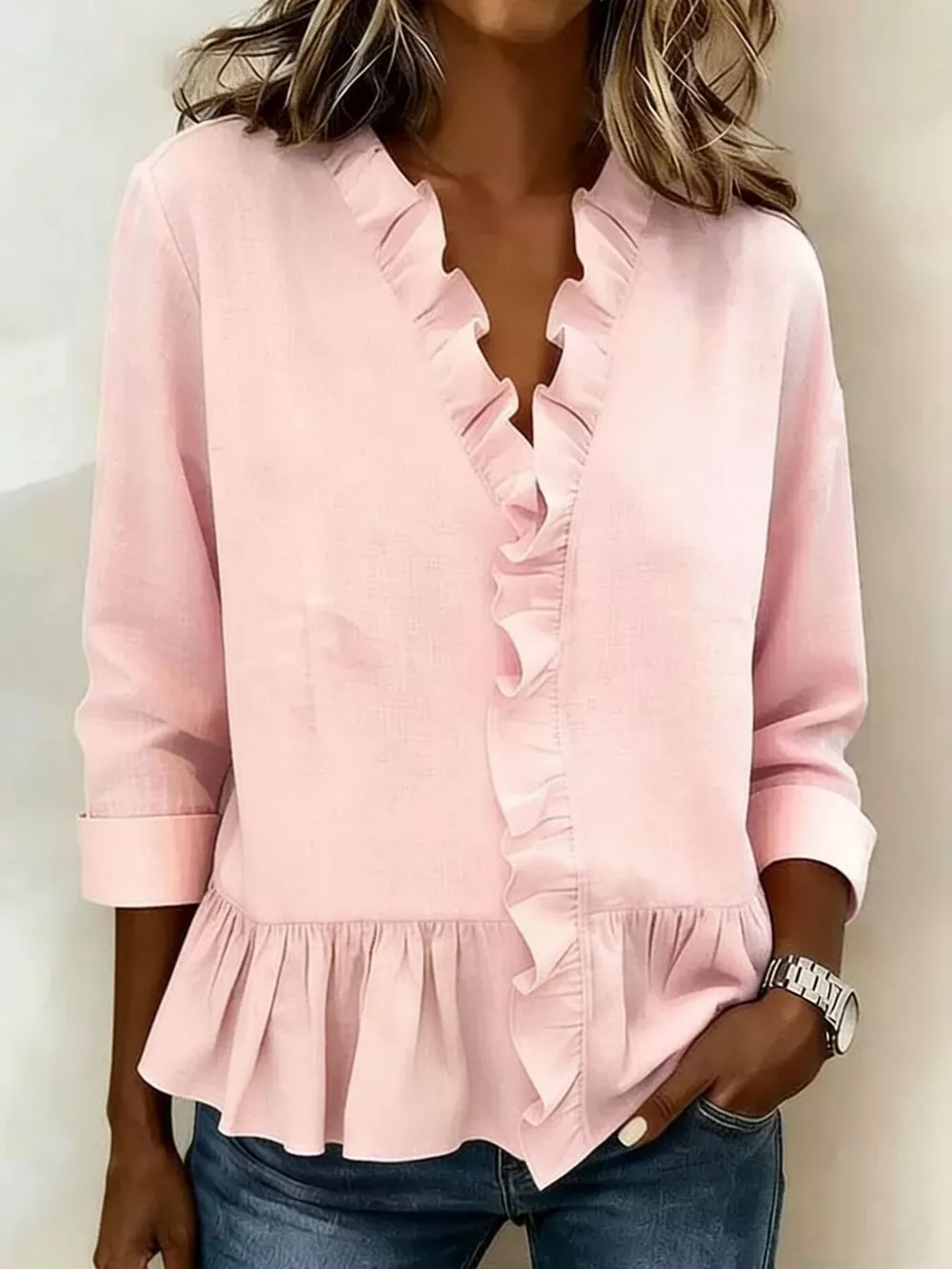 Full Size Ruffled V-Neck Long Sleeve Blouse Plus Size, image 2