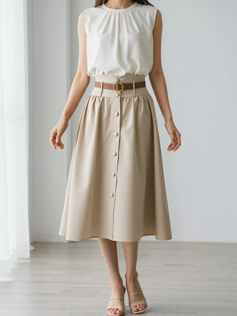 High-Waisted A-Line Midi Skirt