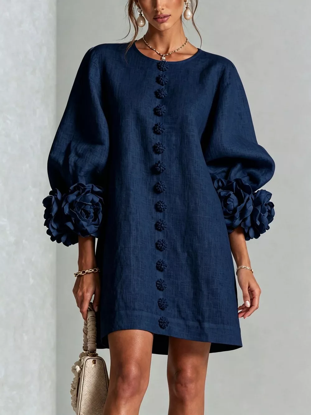 Full Size 3D Floral Round Neck Mini Dress Plus Size, image 10