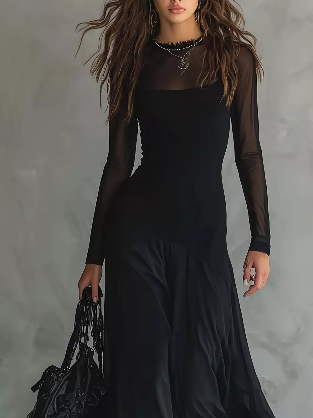 Elegant Gothic Sheer Mesh Long Sleeve Maxi Dress, image 2