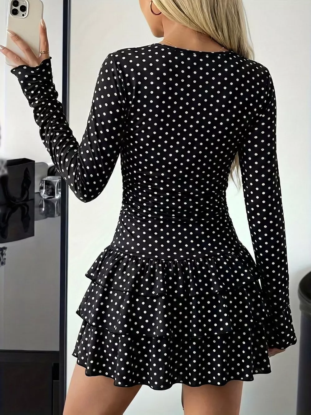 Long Sleeve Ruffled Hem Mini Dress, image 5