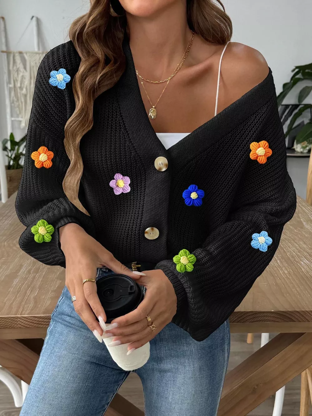 3D Floral Appliques Button Up Cardigan, image 3