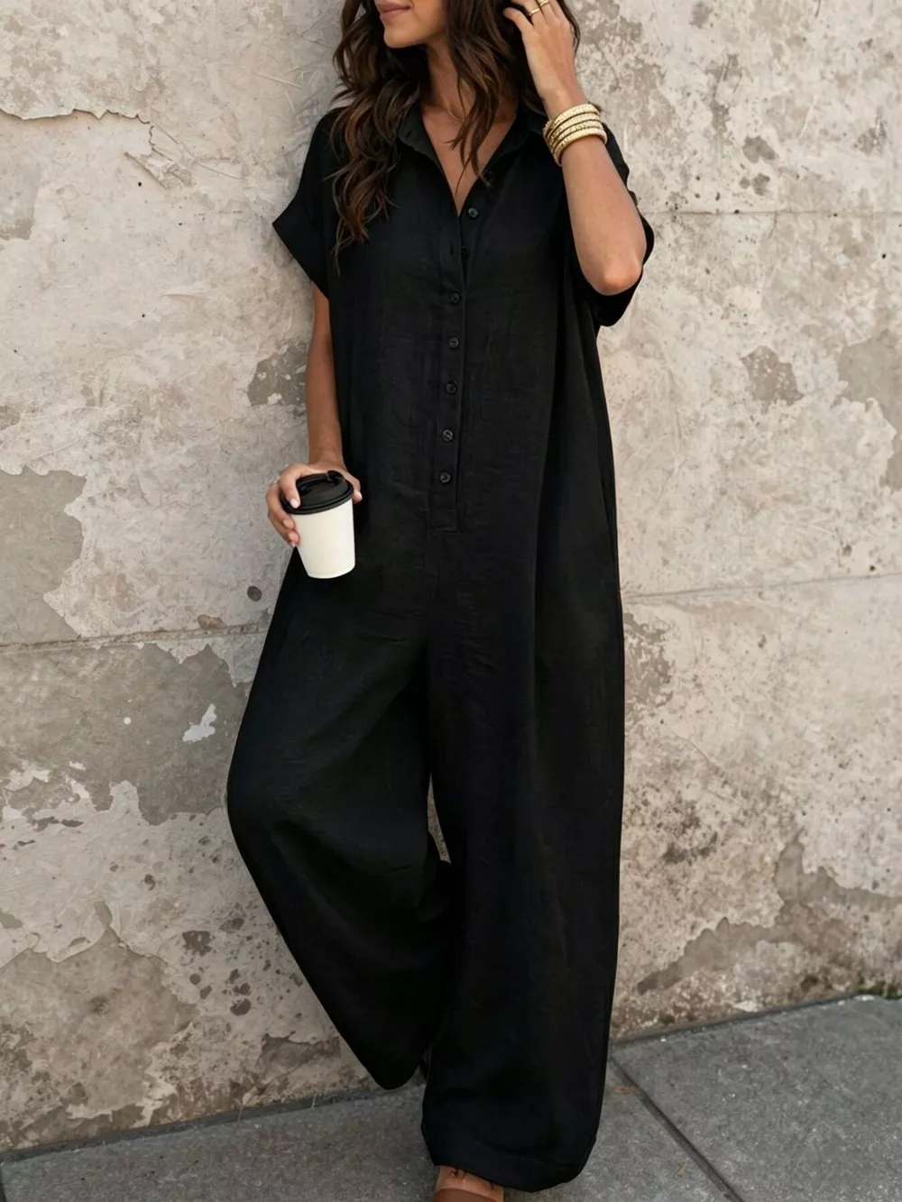 Button Front Short Sleeve Jumpsuit, image 5