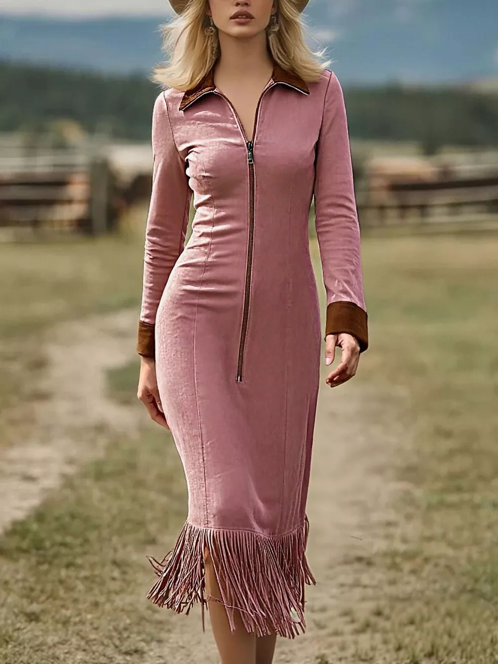 Full Size Fringe Hem Zip Front Midi Dress Plus Size