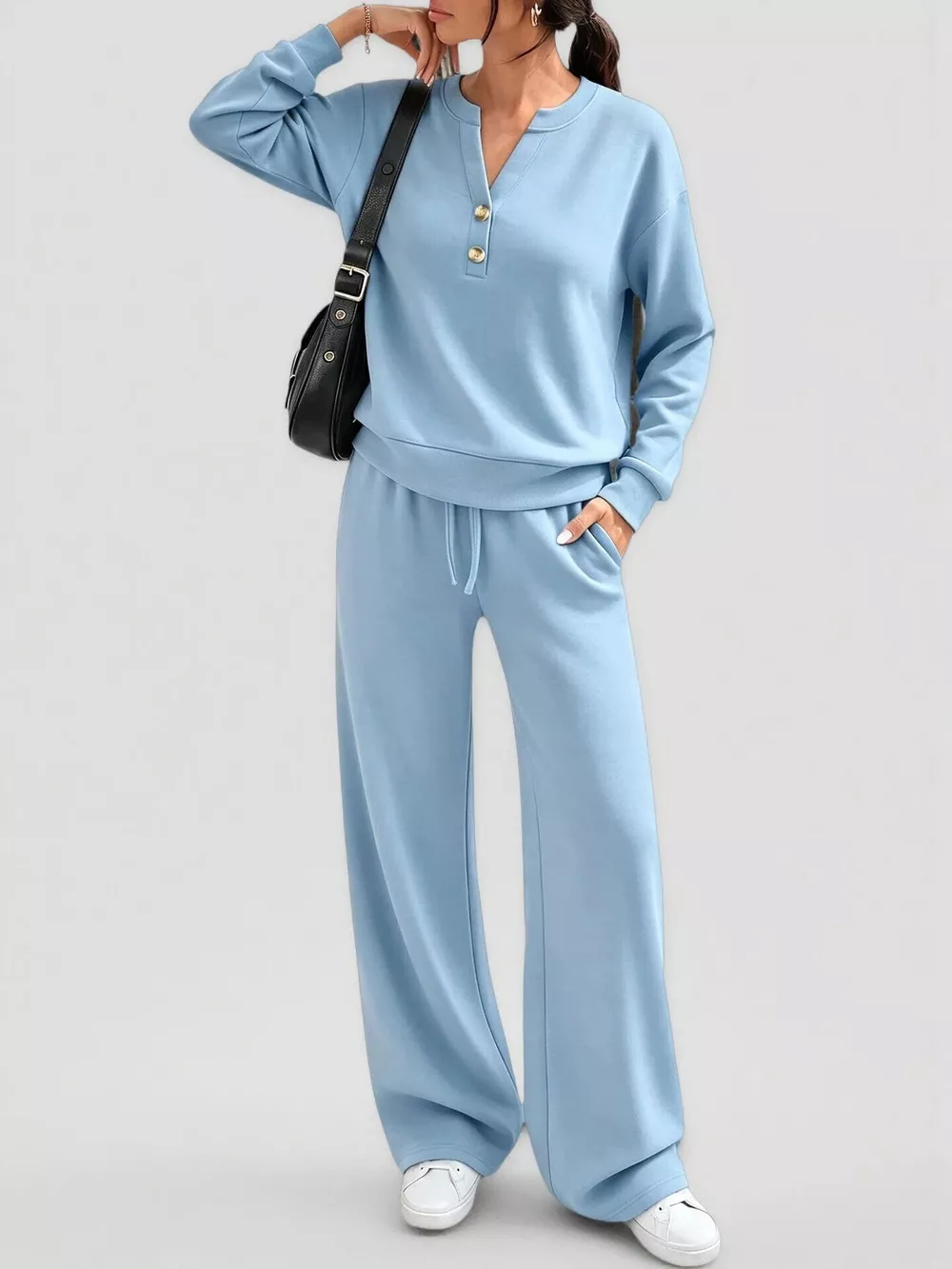 Button Detail Dropped Shoulder Top and Pants Set, image 12