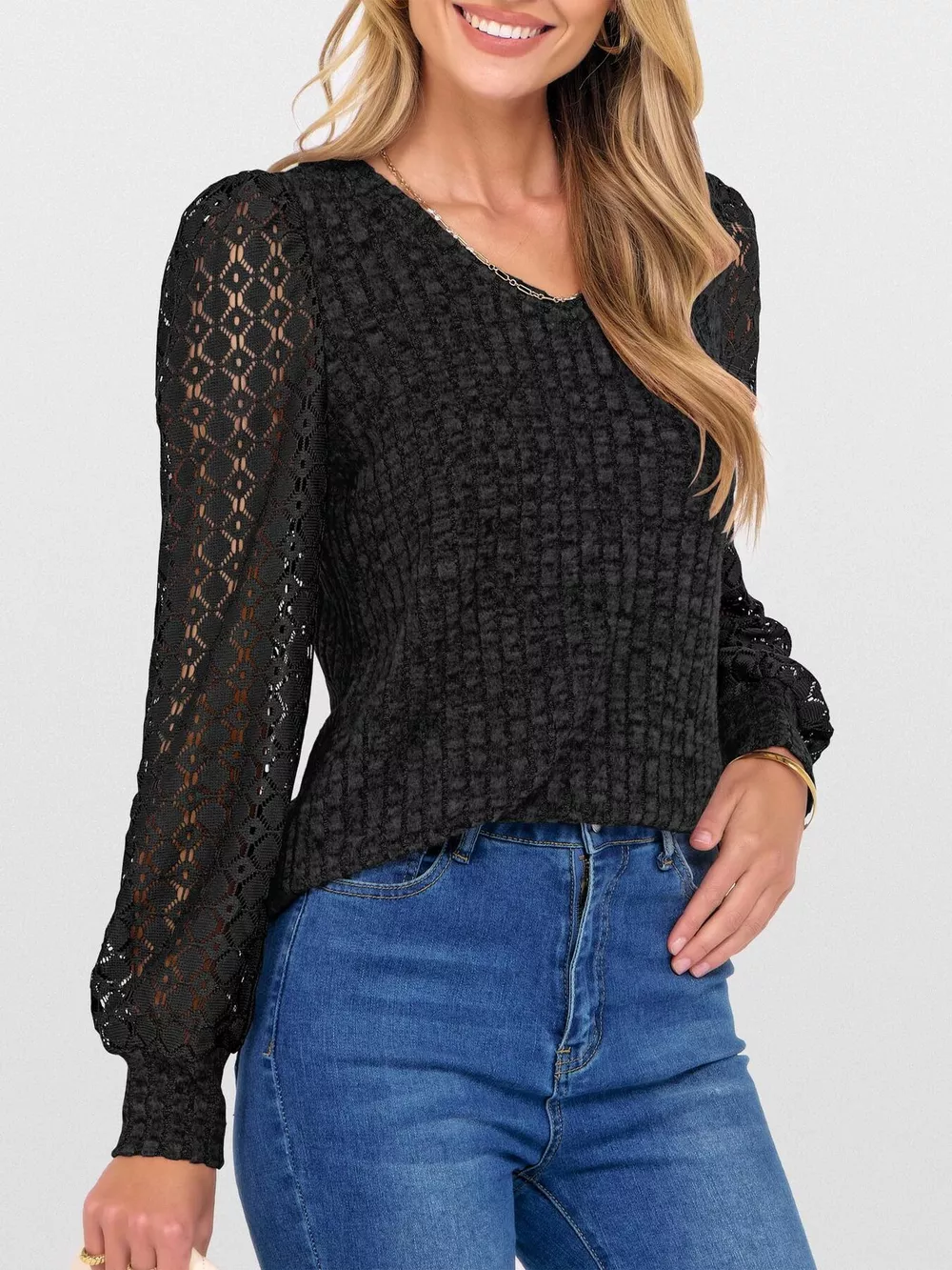 Lace Sleeve V-Neck T-Shirt, image 12