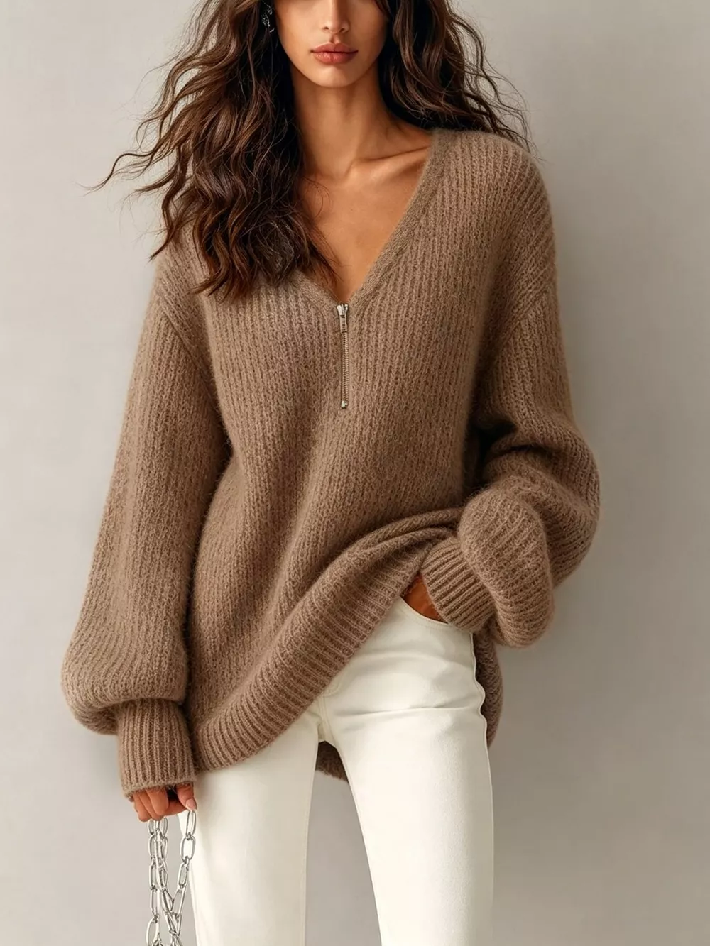 Quarter Zip Dropped Shoulder Sweater, image 4