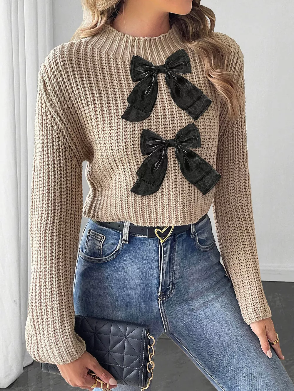 Bow-Decorated Mock Neck Cropped Sweater, image 3
