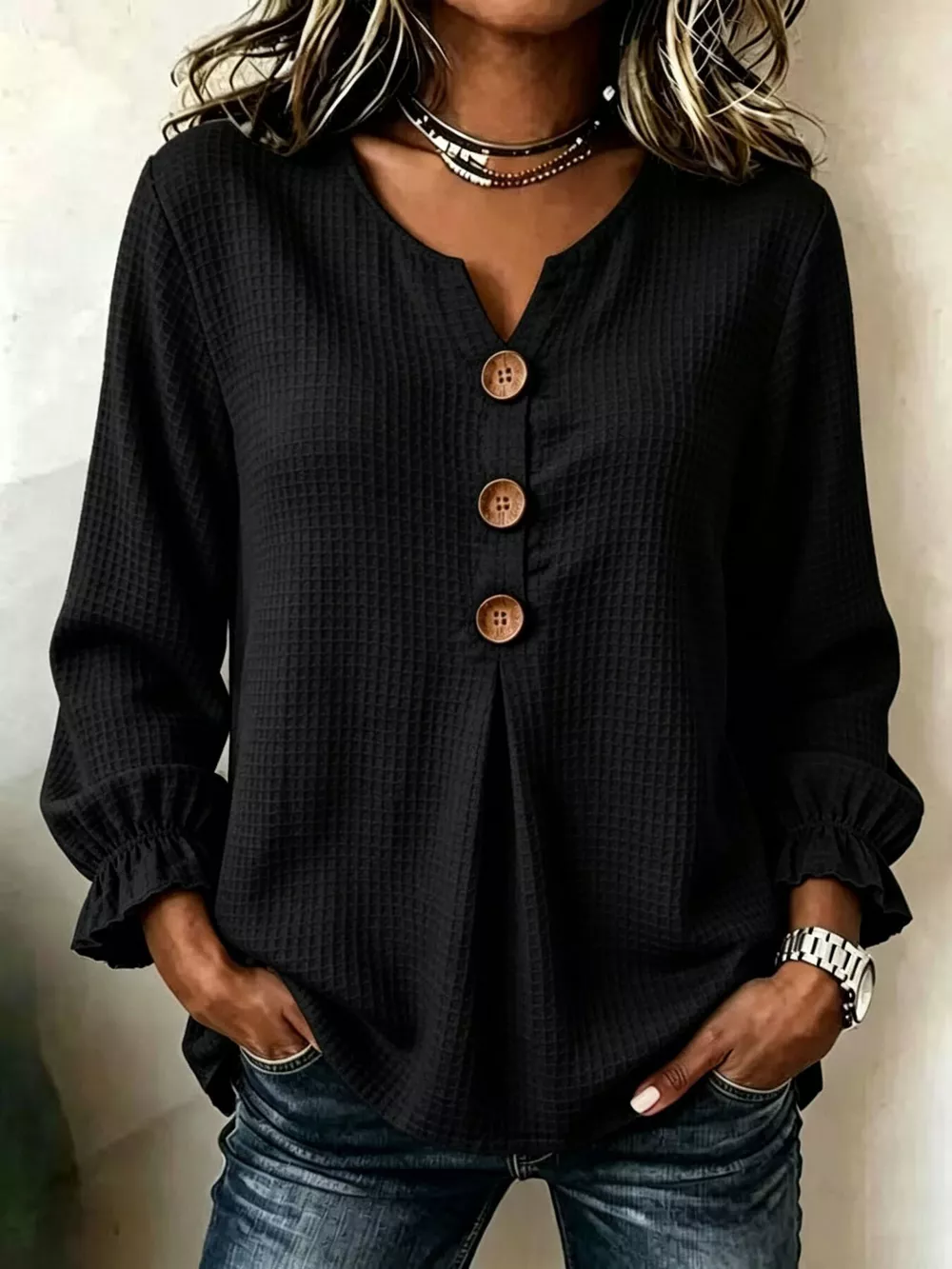 Waffle Knit Long Sleeve Top, image 8