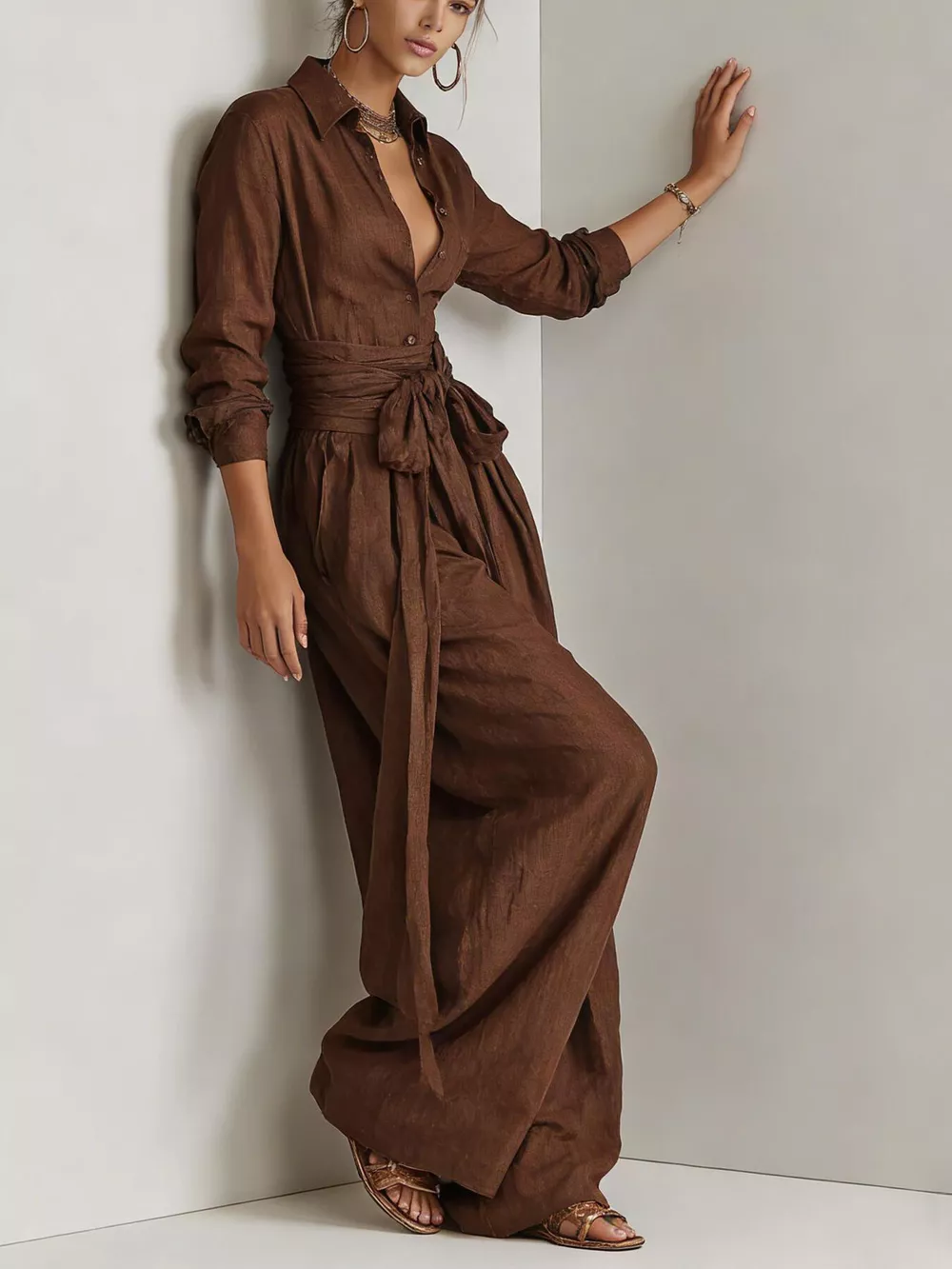 Long-Sleeve Button-Down Waist-Tie Jumpsuit, image 2